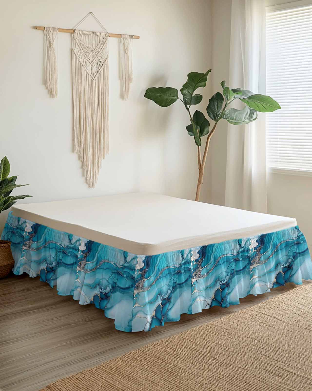 Turquoise Marble Bed Skirt California King Size 18" Drop Abstract Marble Ruffled Wrap Around Bed Skirts Adjustable Elastic Bedskirt Dust Ruffle for California King Size Bed