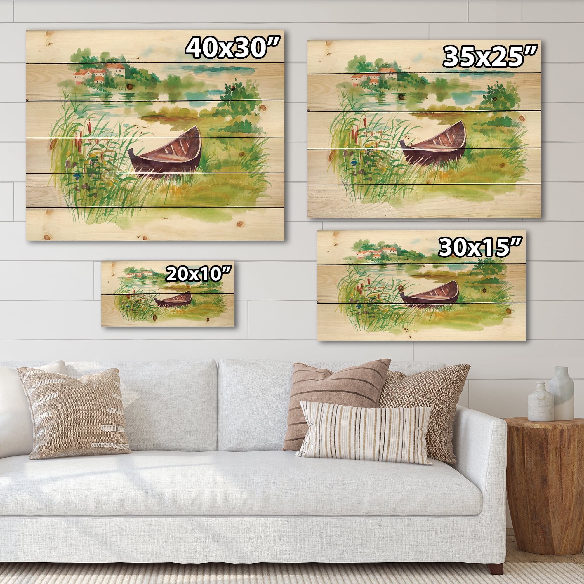 Designart 'Rural Green Landscape With Boat In Lake' Lake House Print on Natural Pine Wood