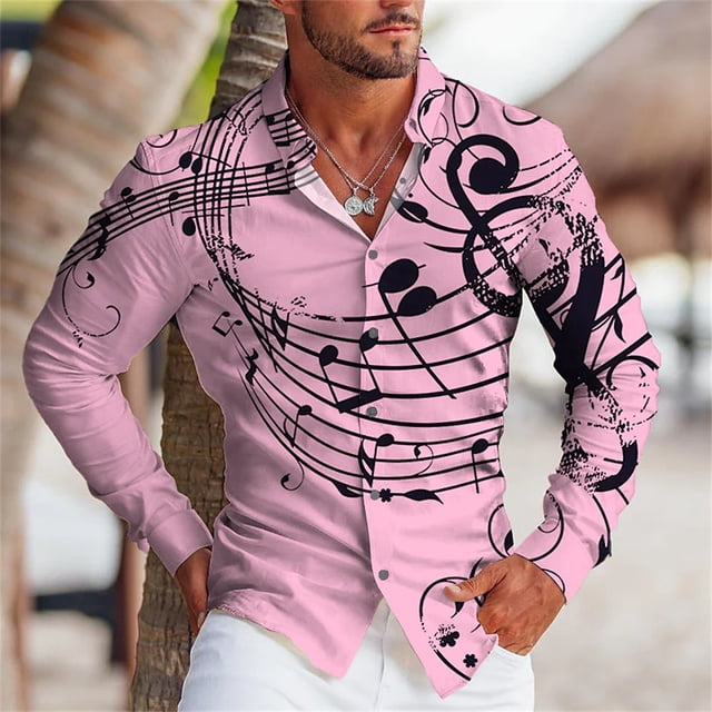 Camisa con estampado abstracto 3D de música clásica para hombre, ropa de verano de estilo hawaiano Vaion Leisure, de manga larga y cuello tipo polo para hombre