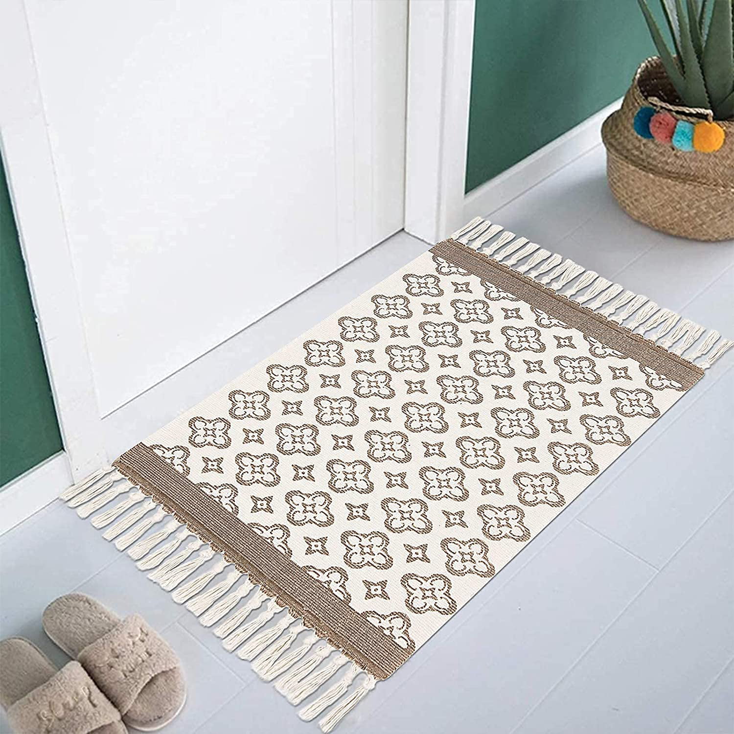 Laundry Room 60x90 cm Bathroom Kitchen SHACOS Cotton Area Rug with Tassels Machine Washable Woven Rugs Brown Printed Indoor Area Rug Floor Mat for Living room Bedroom