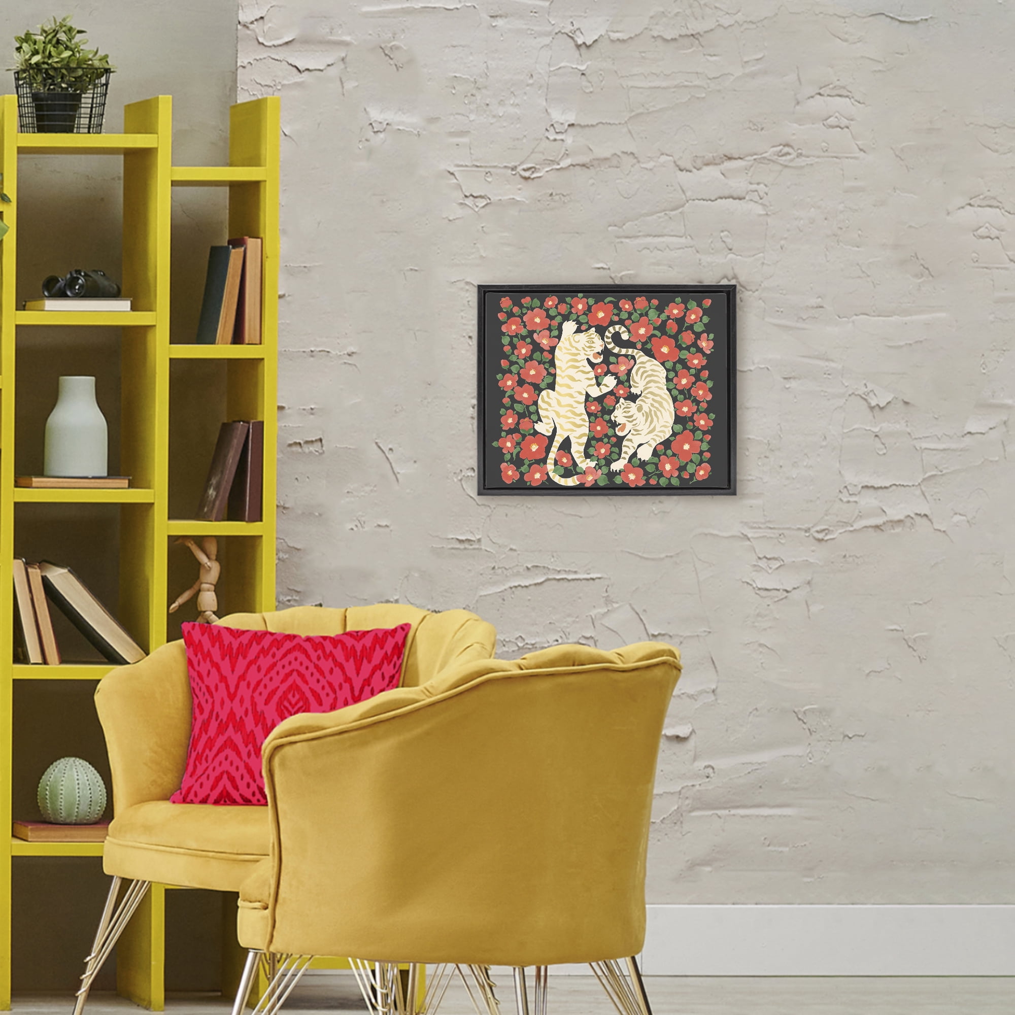 Stupell Industries Ivory Twin Tigers Among Flowers Black Framed Floater Canvas Wall Art, design by Karolina Sato