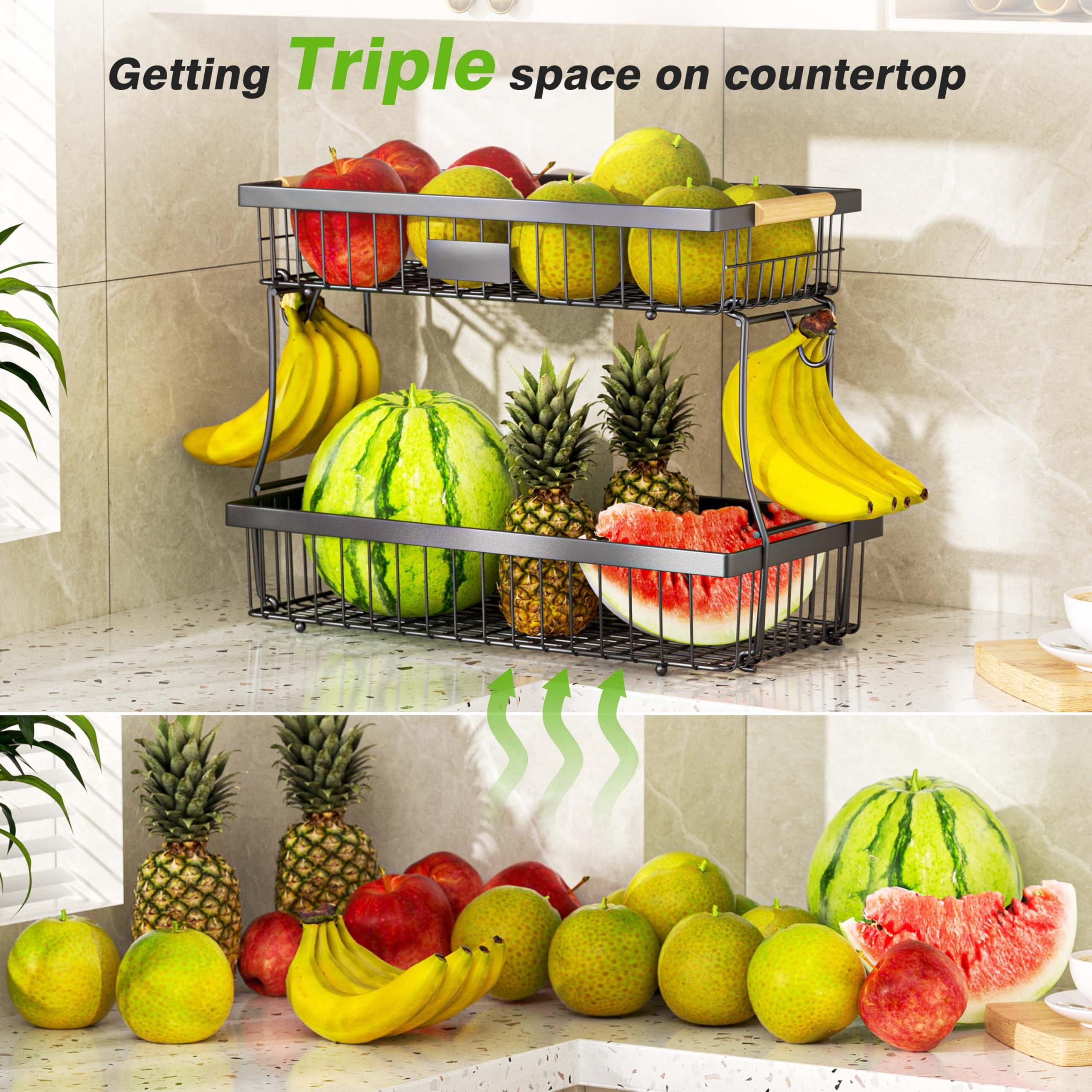 USIONE 2-Tier Detachable Metal Fruit Basket - Wooden Handle & 2 Banana Hangers, Extra Large for Kitchen Counter - Black