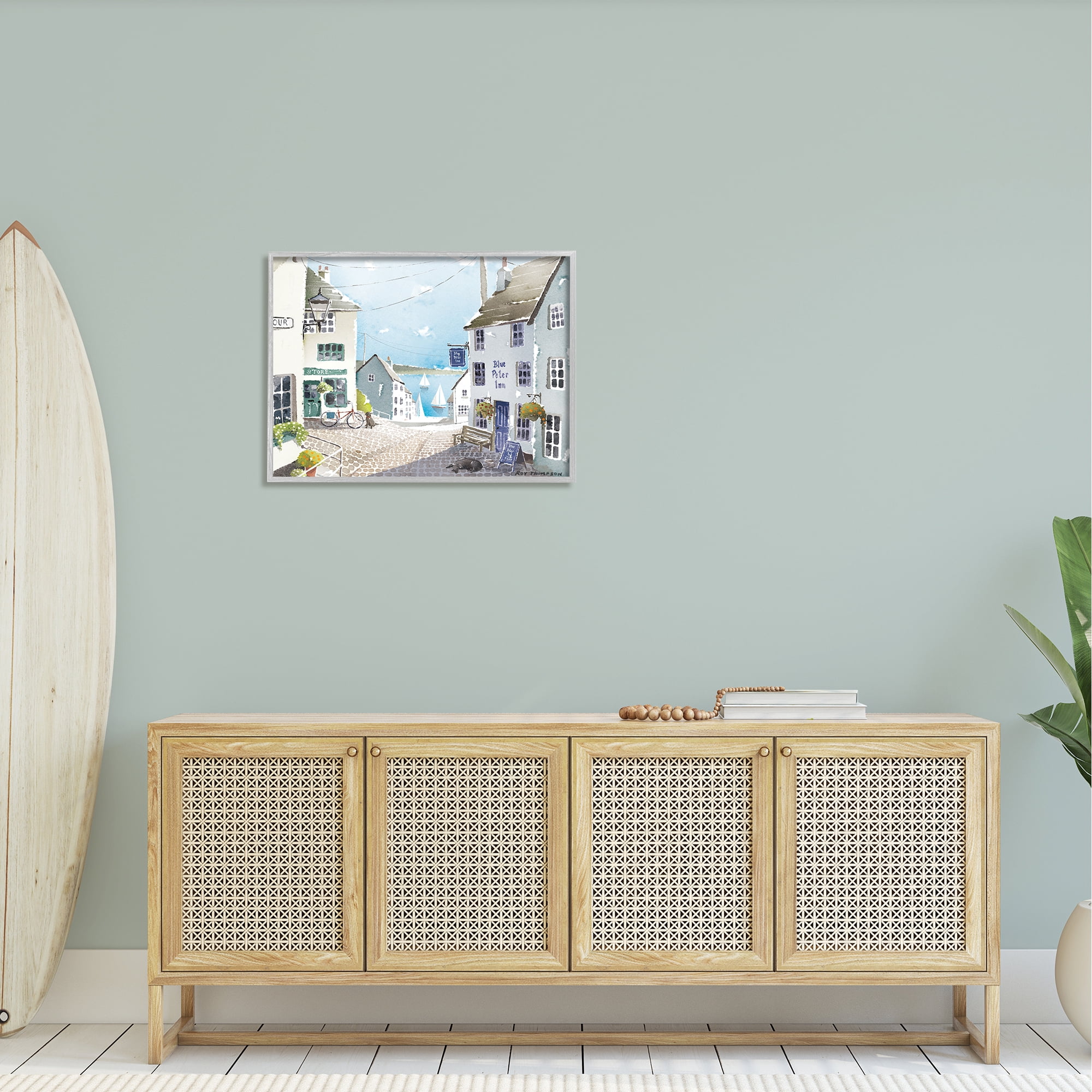Stupell Coastal Town Seaport Sailboats Landscape Painting Gray Framed Art Print Wall Art