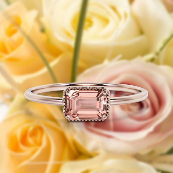 Minimalist 1.00 Carat Emerald Cut Morganite And Diamond Moissanite Engagement Ring, Wedding Ring in 10k Solid Rose Gold, Gift For Her, Promise Ring, Anniversary Ring