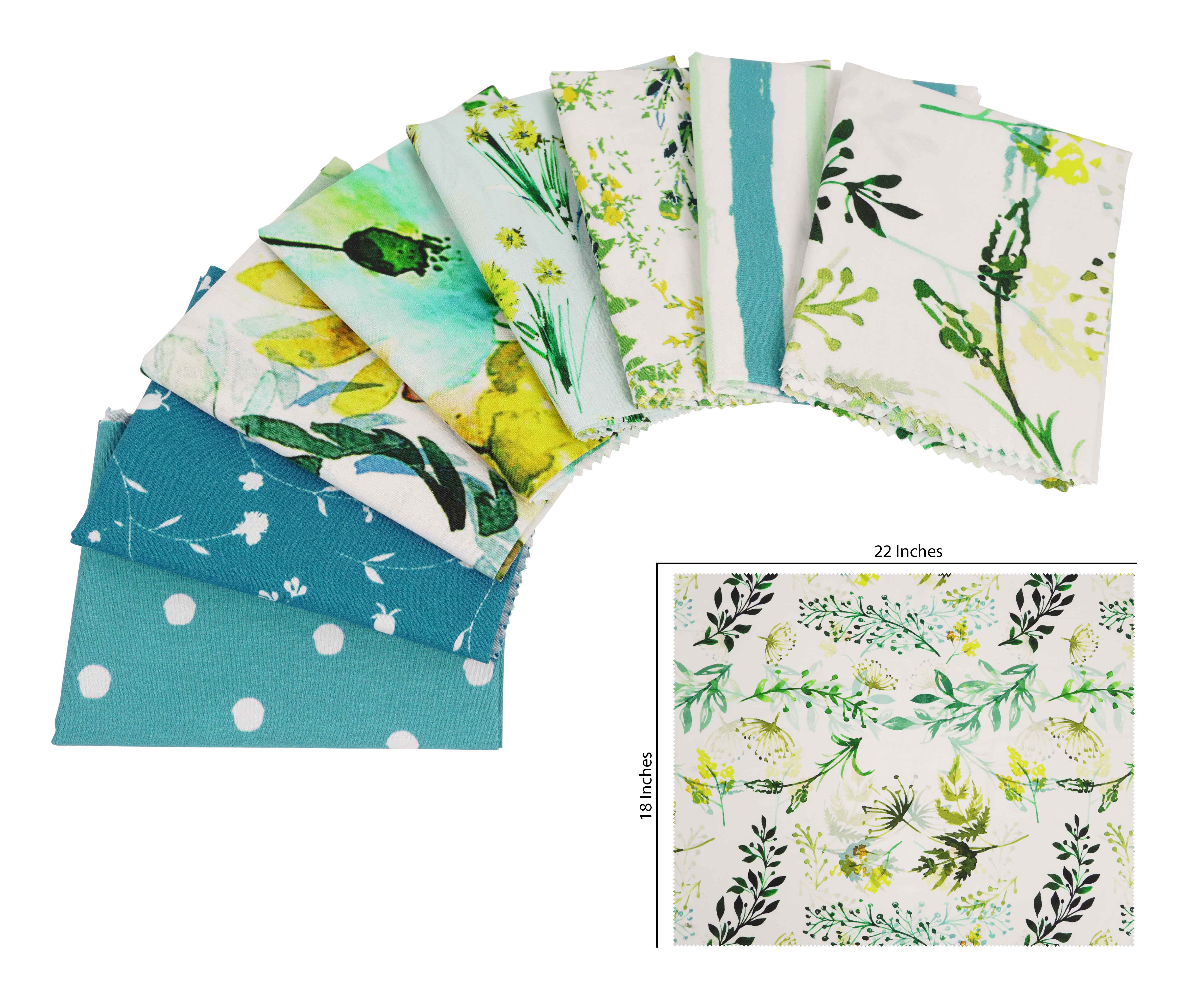 Soimoi 8 Pc Fat Quarter Bundle,Watercolor FloralPrint 18"x 22"DIY Patchwork-100% CottonPre-Cut Quilting Fabric Turquoise & Teal Blue