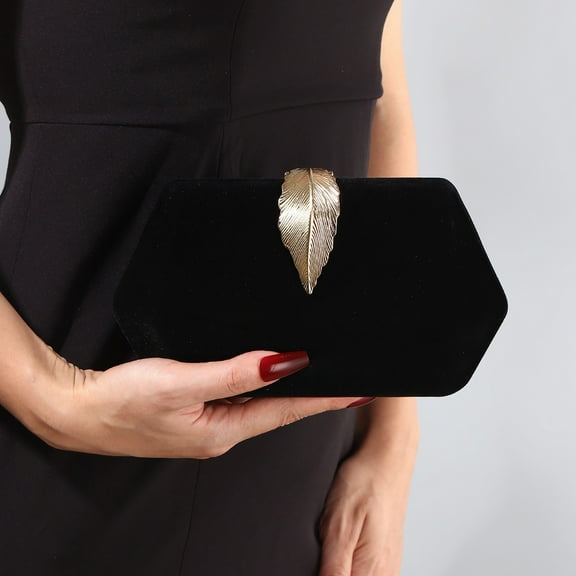 Jaucin Women's black elegant suede evening bag clutch with metal leaf clasp, elegant handbag, wedding party wallet