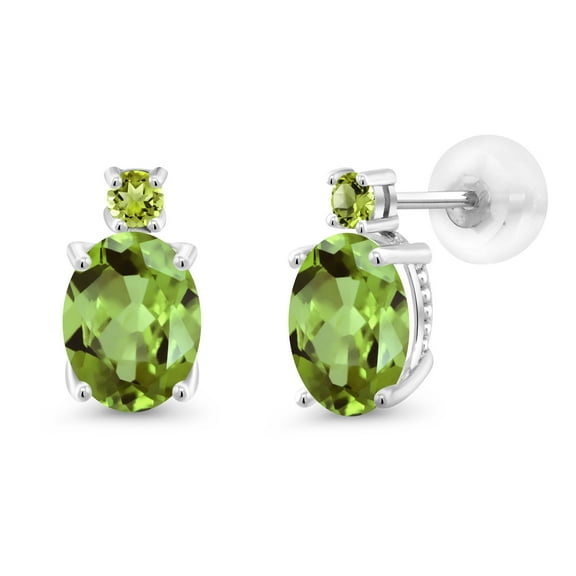 Gem Stone King 14k White Gold Green Peridot Earrings for Women (2.8Cttw, GemstoneAugust Birthstone, Oval 8X6MM, Round 2.5MM)