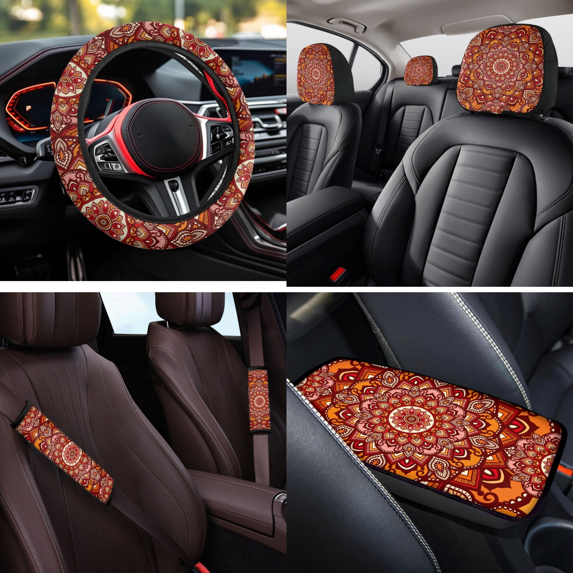 Jeiento Orange Boho Mandala Car Seat Covers Full Set with Steering Wheel Cover Safe Belt Pads Headrest Covers Coasters Center Console Cover Keychain 14 PCS Auto Accessory Interior Sets