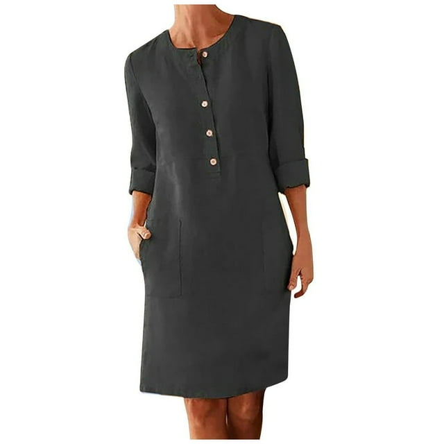 Robes pour Femmes Robe Décontractée à Manches Longues Couleur Unie Pull Ample Noir L