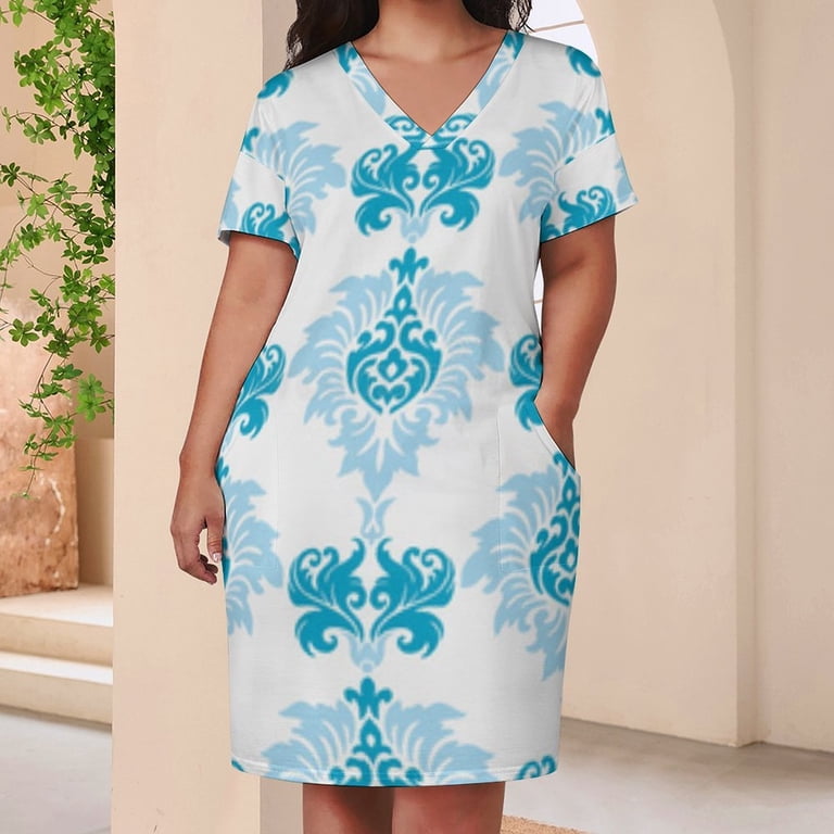 Elegant Blue Damask Pattern Design Summer Sundress for Curve Women Casual  Pattern Plus Size V Neck Short Sleeve Loose Fit Oversize Dresses -  Walmart.com