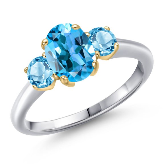 Gem Stone King 10K Two Tone Gold Swiss Blue Topaz Engagement Ring for Women | 2.21 Cttw | Oval 8X6MM | Gemstone November Birthstone | Size 8