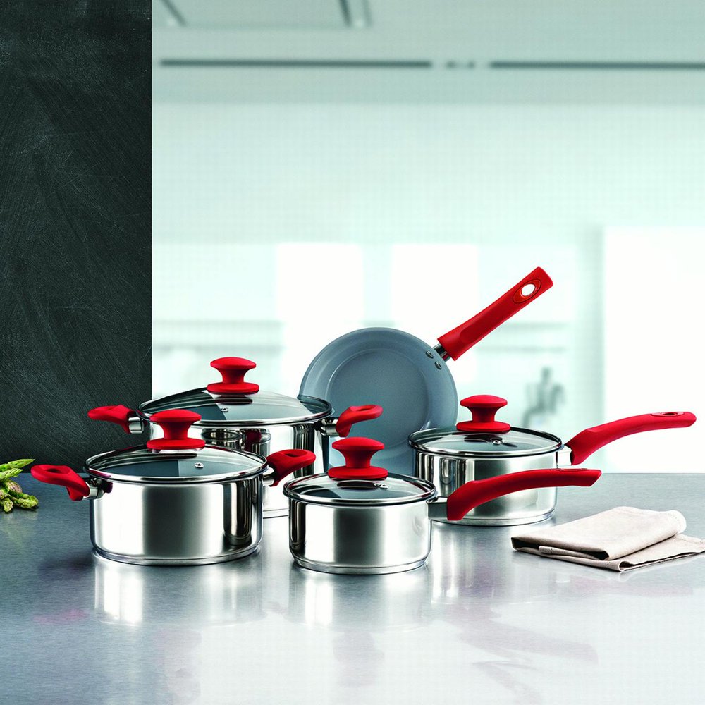 Complete Cuisine 9 Piece Ceramic & Stainless Steel Cookware Set, Red