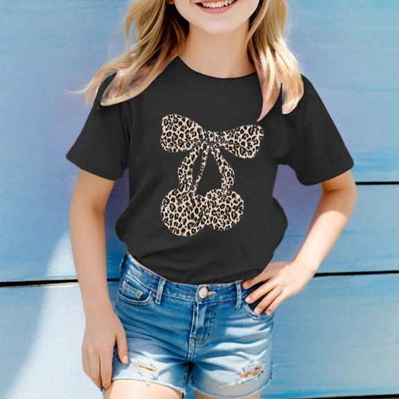 Girls T Shirts Loose Fit Graphic Print Crew Neck Short Sleeve Breathable Tee for Casual Wear Girls Tops Black 3 Years-4 Years