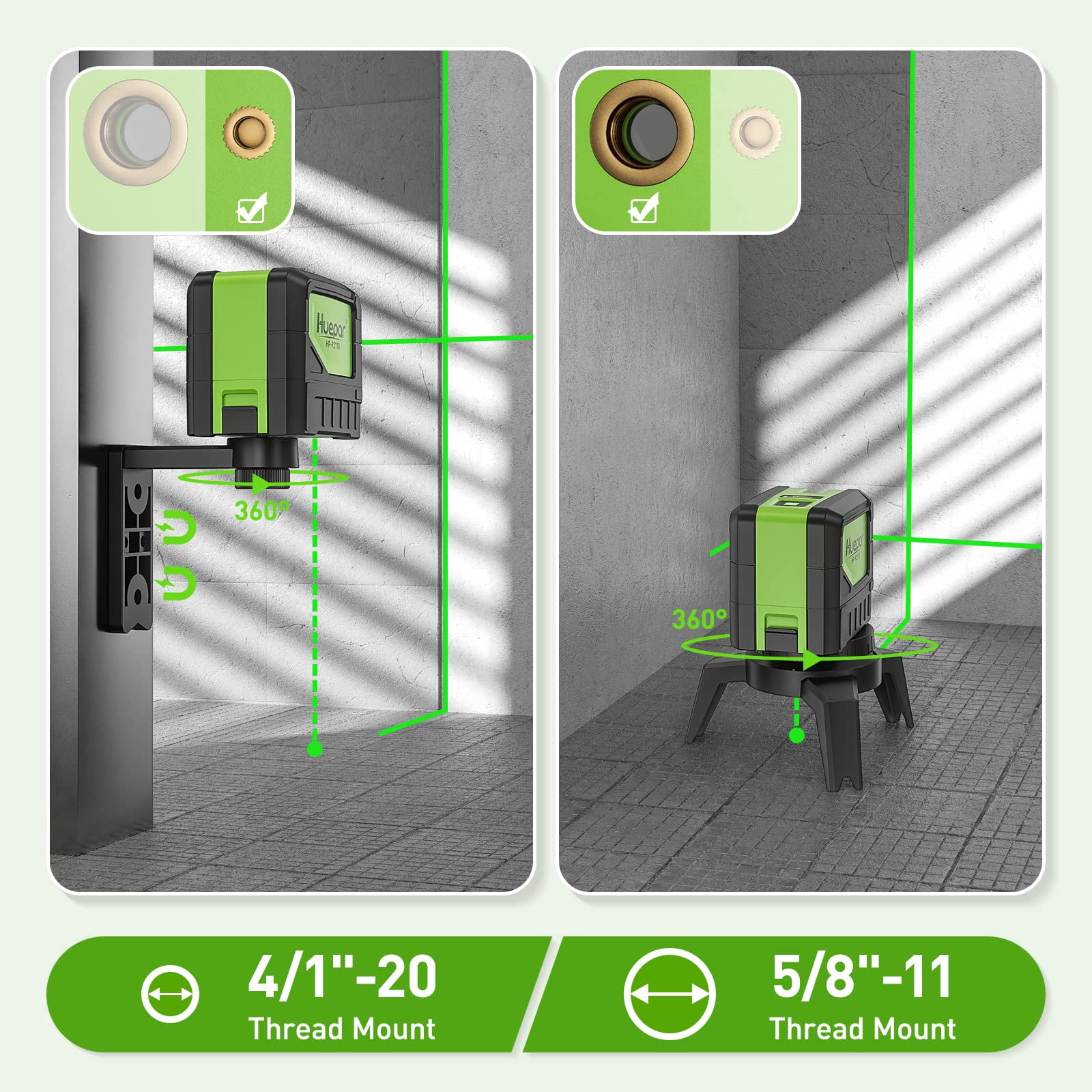 Huepar Green Beam Self-Leveling Laser Level Cross Line Laser Level Tools with 2 Plumb Dots and 360° Magnetic Pivoting Bracket