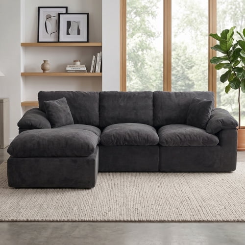 102.3" Modular Sectional Sofa, L-Shape Cloud Couch with Movable Ottoman, Comfy Chenille Deep Seat Sofa with Soft Pillows for Living Room Apartment, Black