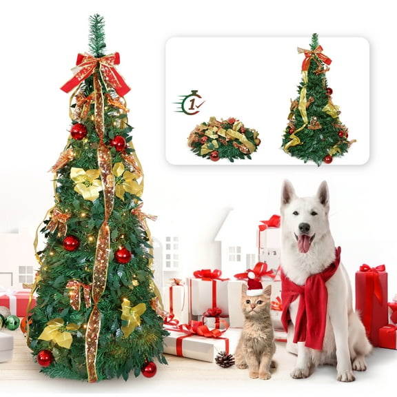 CAPHAUS 4.5 Feet Artificial Pop Up Christmas Tree w/ 2 Red & Golden Ribbon, 100 LED Lights, Pre-Hinged, Foldable, with Green Plastic Stand, for Indoor, Office, Party, Holiday Decoration