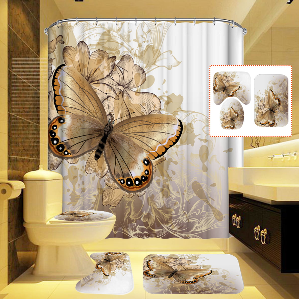 Butterfly Pattern Shower Curtain Non-Slip Toilet Cover Rugs Mat Bathroom Sets 