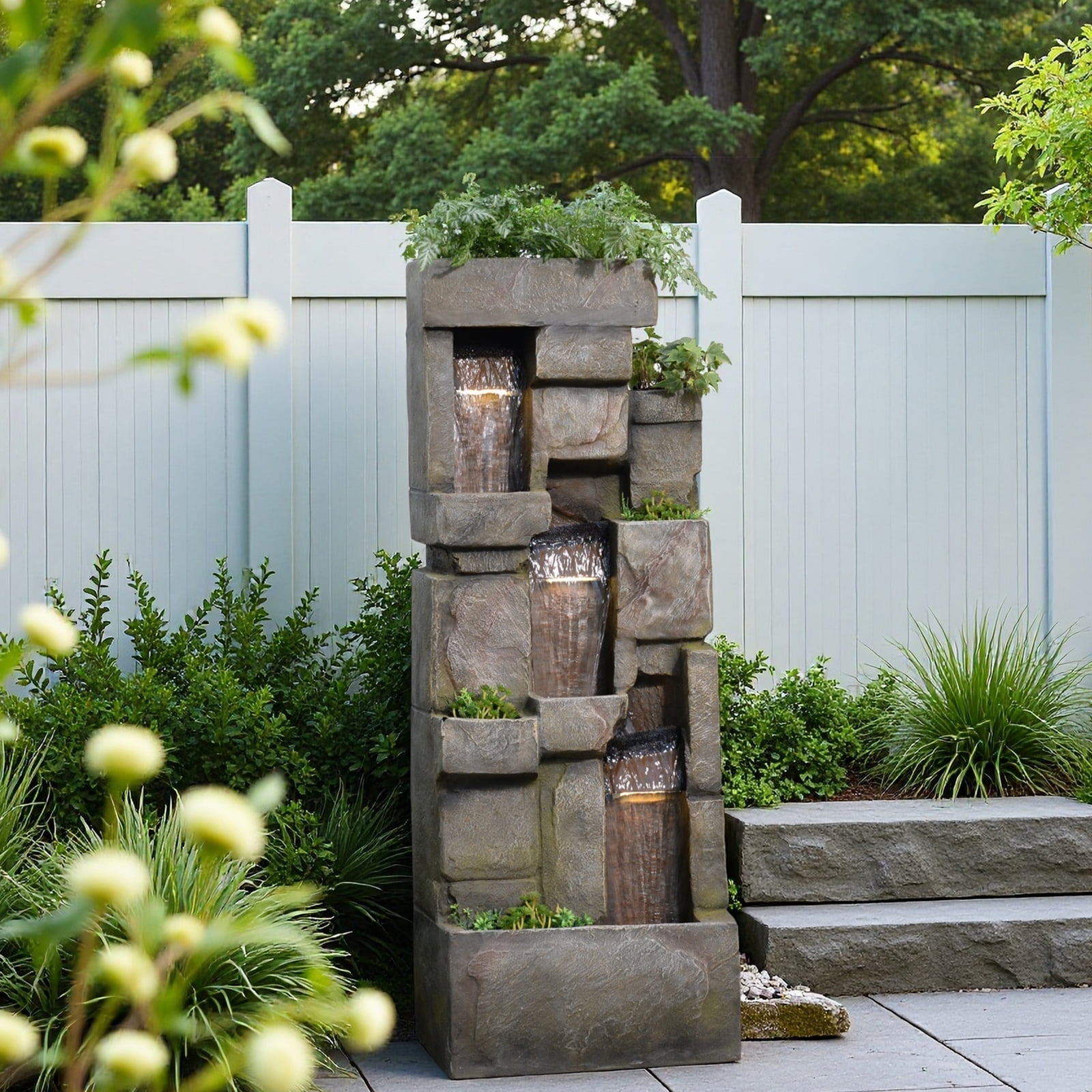 Outdoor Floor Standing Garden Water Fountains Rock Waterfall Fountain with LED Lights for Garden, Patio, Backyard, Deck, Porch and Home Art Decor