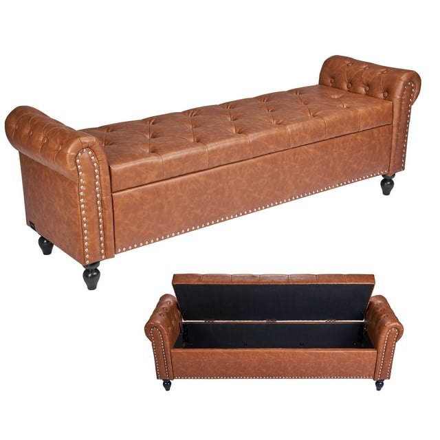VEVOR Banc Ottoman de Rangement Capitonné à Boutons, Bras Roulé, Cuir PU, Pattes en Bois, Brun
