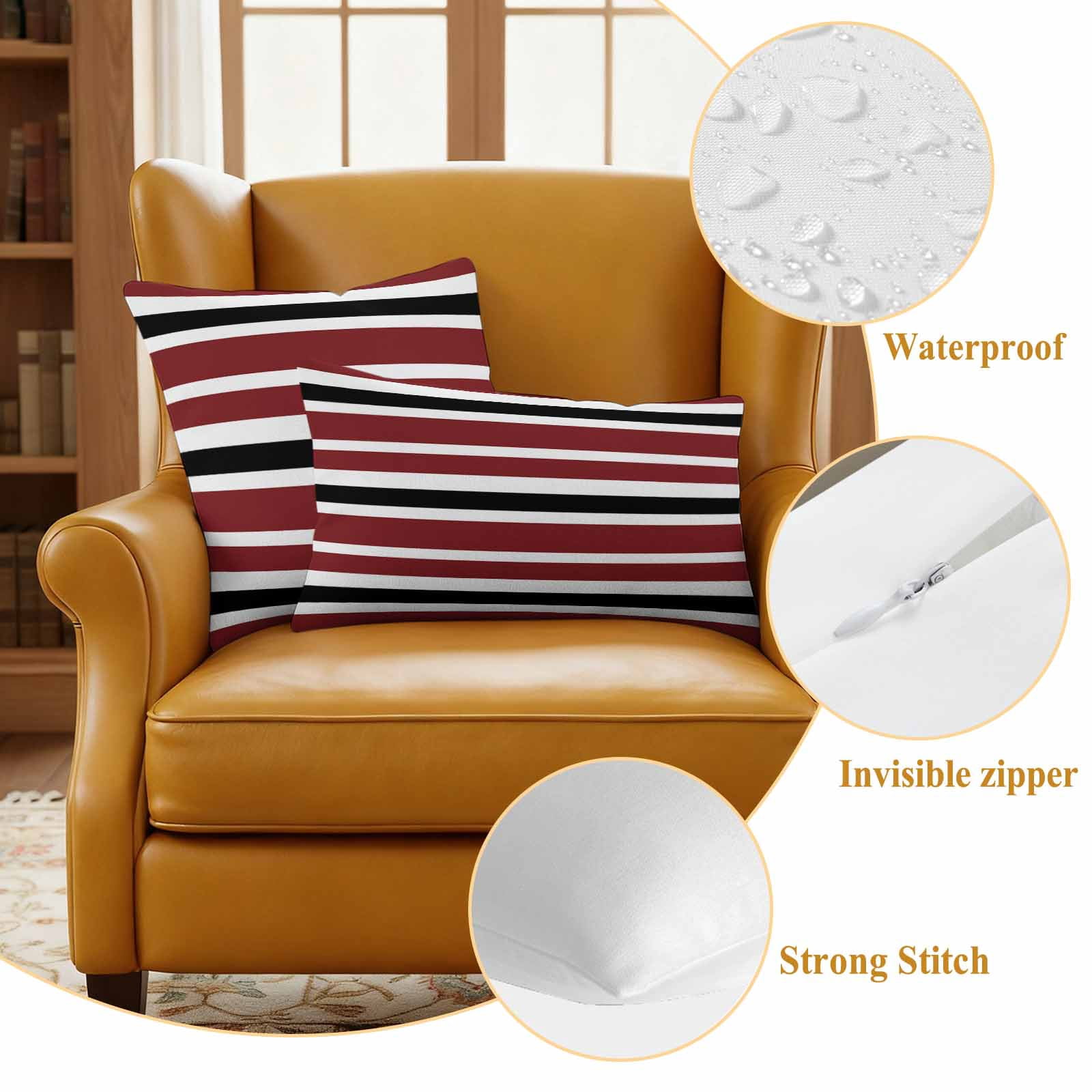 Outdoor Pillow Covers Vintage Burgundy Red Black White Stripes Waterproof Pillow Cases 18x18 Set of 2, Minimalist Line Throw Pillow Cover Pillowcase for Patio Balcony Couch Garden