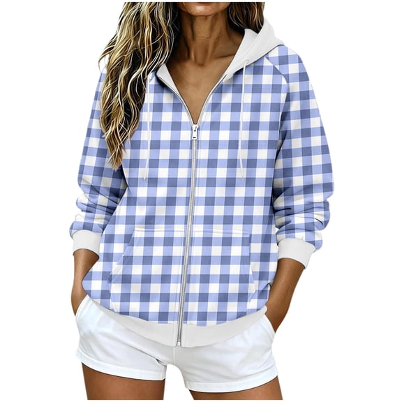Njagoc3 Womens Plaid Gingham Zip Up Hoodie Drawstring Long Sleeve Loose Fit Fleece Sweatshirt with Pockets Casual Fall Outerwear for Picnic Travel,Sky Blue,XL