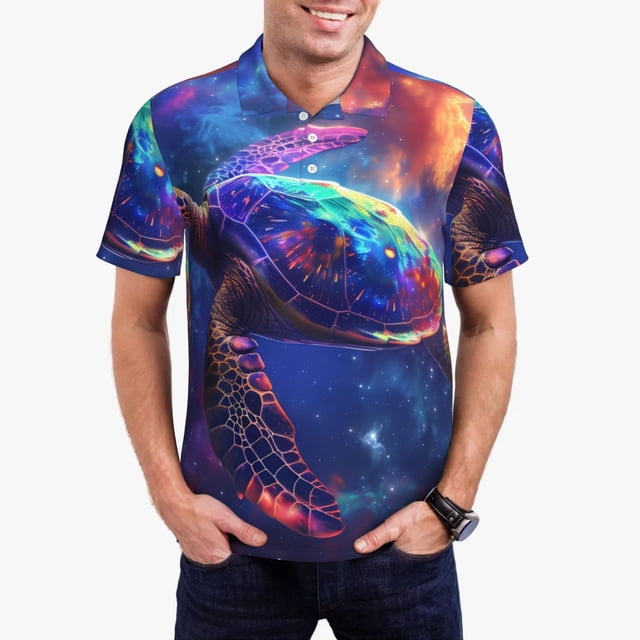 Fotbe Starry Sky Turtle Camiseta Polo de Golf para Hombre con Estampado – Camisa Deportiva Transpirable con Cuello Abotonado-Large