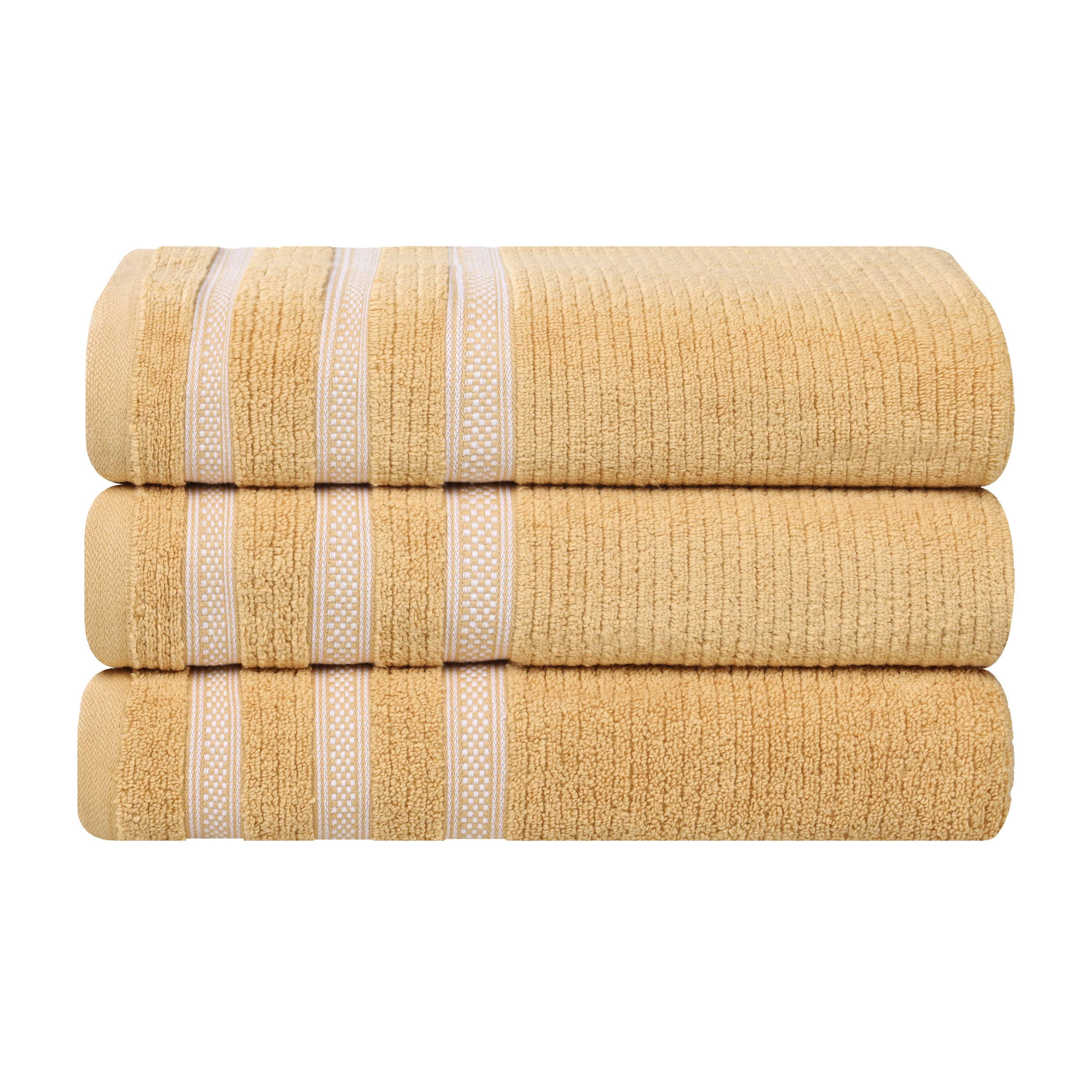 Superior Zero Twist Cotton Ribbed Geometric Bath Towel Set of 3 , Ultra Soft Quick Dry, Gold