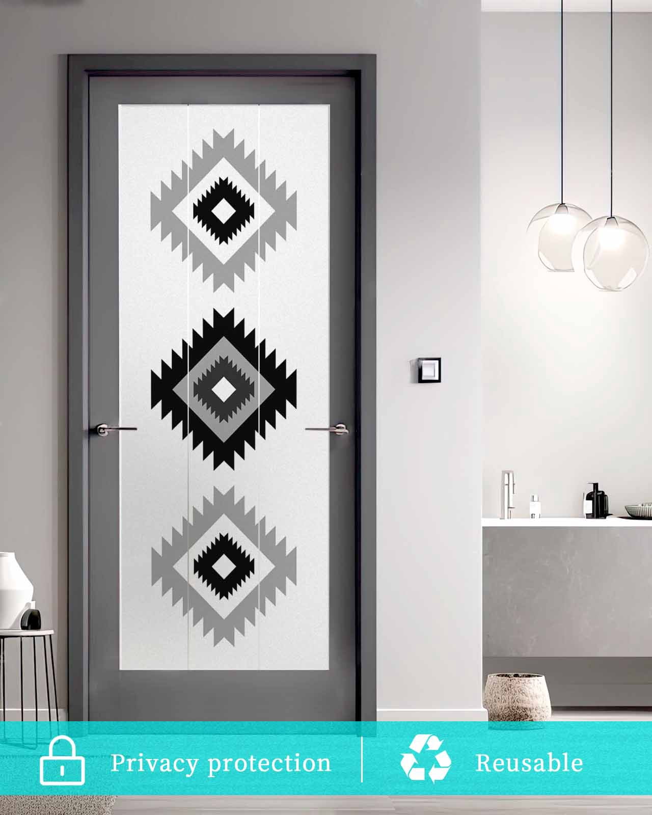 Window Privacy Film, Black White Boho Aztec UV Sun Blocking Window Tint Film Heat Control One Way Blackout Window Film, Morocco Mexican Geometric Bohemian Non Adhesive Static Cling Sticker 23.6x59 In