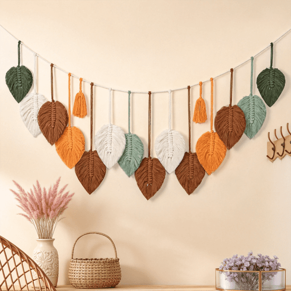 Macrame Wall Hanging Boho Woven Tapestry, Handmade Cotton Leaf Feather Wall Art Decor, Multicolor, 31.4 in