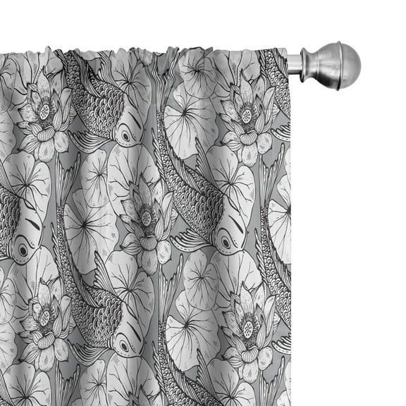 Ambesonne East Curtains, Sketch Style Carp Koi, Pair of 28"x63", Grey Black White