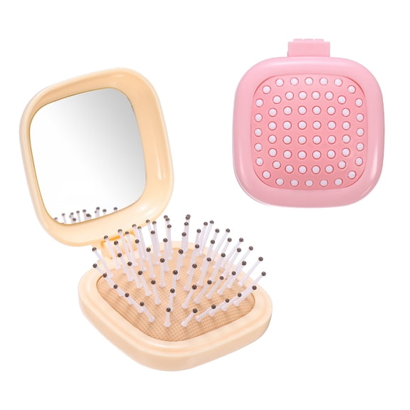 Uxcell 2 Pcs Folding Travel Mirror Hair Brushes, Square Pocket Hair Brush with Mirror Portable Size Hairbrush Compact Massage Comb for Purse, Women Girls Travel Daily Use, Yellow, Pink