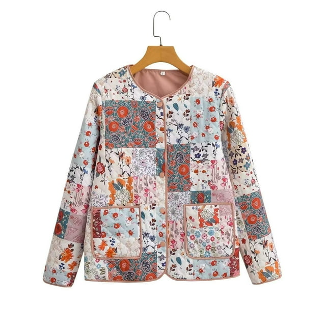 Ailaofu Women's Cropped Floral Quilted Puffer Vest Printed Long Sleeves Gilet Outwear