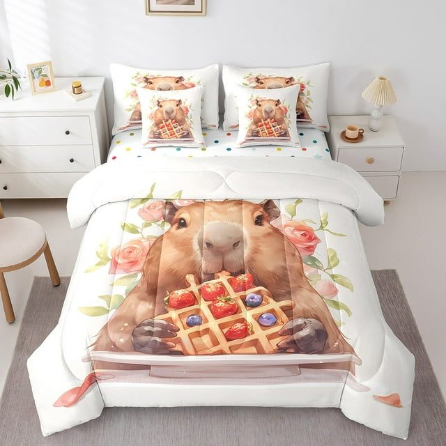 Cartoon Capybara Girls Bedding Set Kids Botancial Decor Flowers Comforter 7 Pieces,Food Capaybara Lovers Bed In A Bag Animals Cute Full Sheet Set