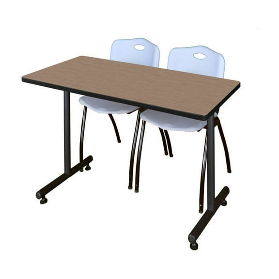 Regency Kobe 48 x 24 in. T-Base Training Seminar Table- Noble Oak, 2 M Stack Chairs- Grey