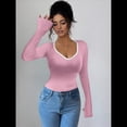 thumbnail image 4 of Camisetas Ajustadas con Cuello en Forma de Corazón para Mujer, Tops de Punto Acanalado con Mangas Largas Acampanadas Rosa L, 4 of 7