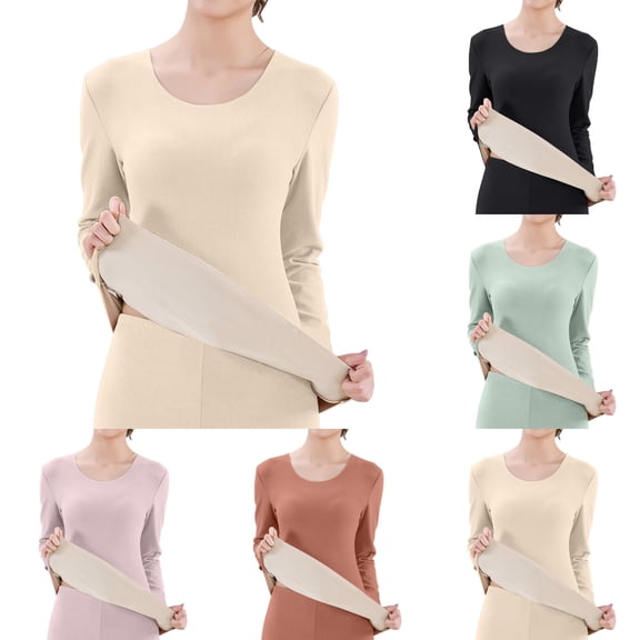 Thermal Undershirt for Women Long Sleeve Base Layer Tops Plus Size Winter Lined Seamless Stretch Shirts Solid Color Thickened Warm Innerwear Cold Seasons Women's Thermal Underwear
