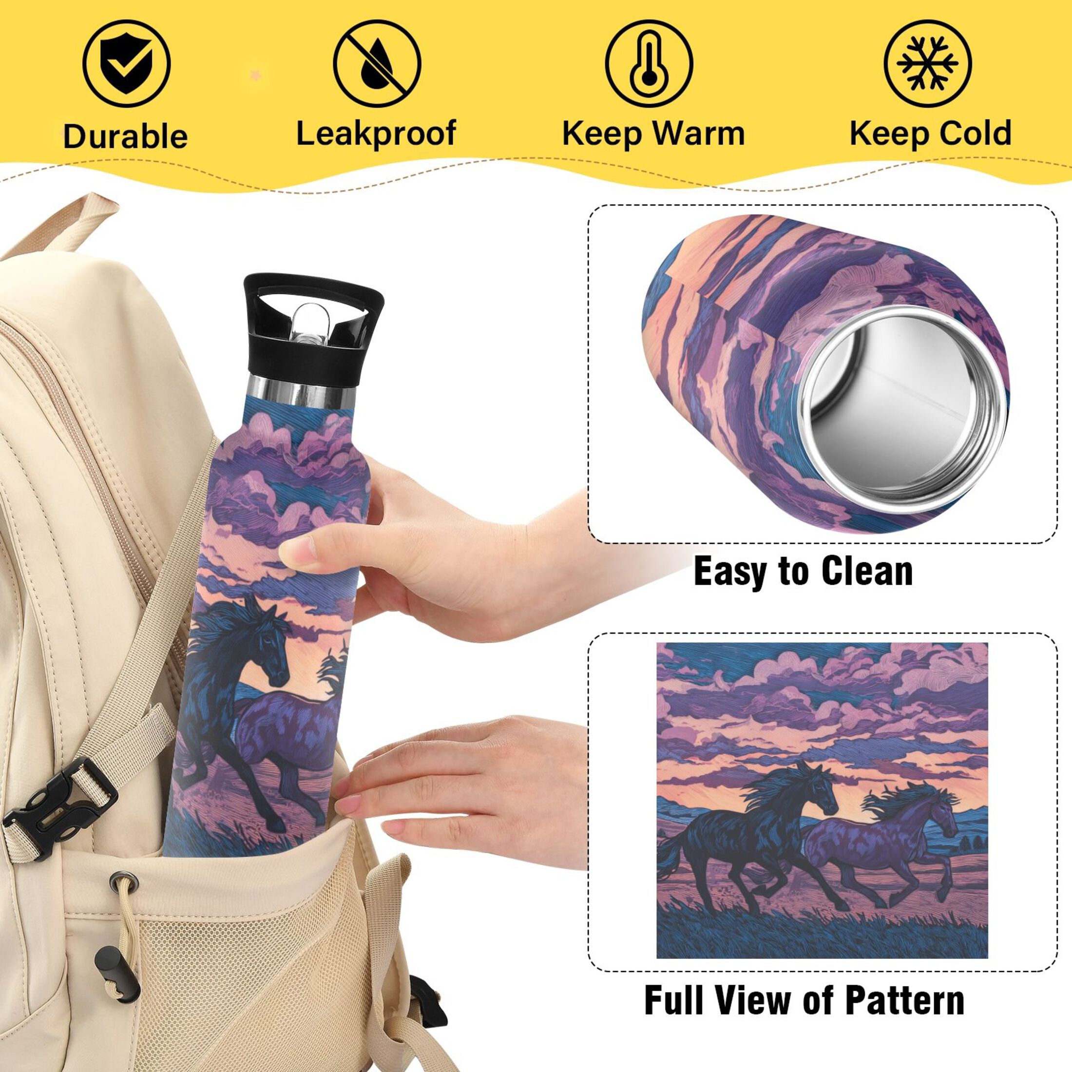 Kids Insulated Stainless Steel Sports Water Bottle 600ml (20oz) Wild Horses Running