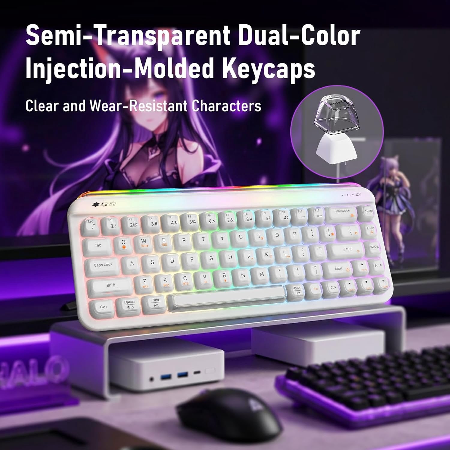 AF68 Membrane Keyboard, 68% Layout 68-Key Gaming Keyboard, 2.4 GHz/Type-C/BT, RGB Lighting Effects with Integrated Side Light Bar, 4000mAh , Translucent Keycaps