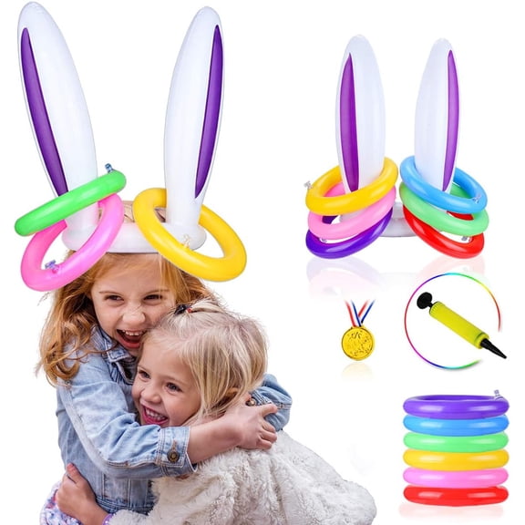Natonhi 2 Set Inflatable Bunny Ears Ring Toss Game (2 Rabbit-Ear Hats with 12 Ring Toss, 1 Medal and 1 Hand-held Pump) - Great Family Easter Party Games