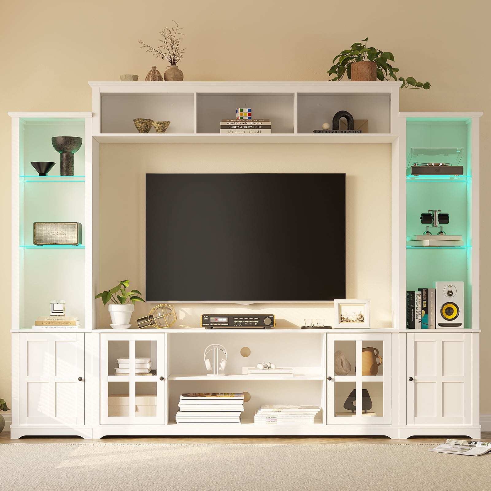 MEISSALIVVE 4 Piece Wall Unit TV Stand with LED Lights, Modern Entertainment Center with Bookshelf, Wine Cabinet, Display Storage, Fits 70" TVs, White