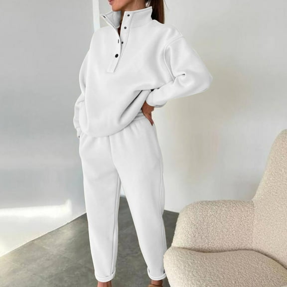 Juniors Plus Size Sweatsuits 2 Piece Lounge Set Long Sleeve Button Up Mock Neck Sweatshirts Elastic Sweatpants