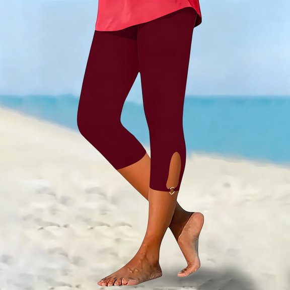 Oiangi Capri Leggings for Women High Waist Stretchy Workout Yoga Capris Casual Keyhole Hem Cropped Trousers Wine S