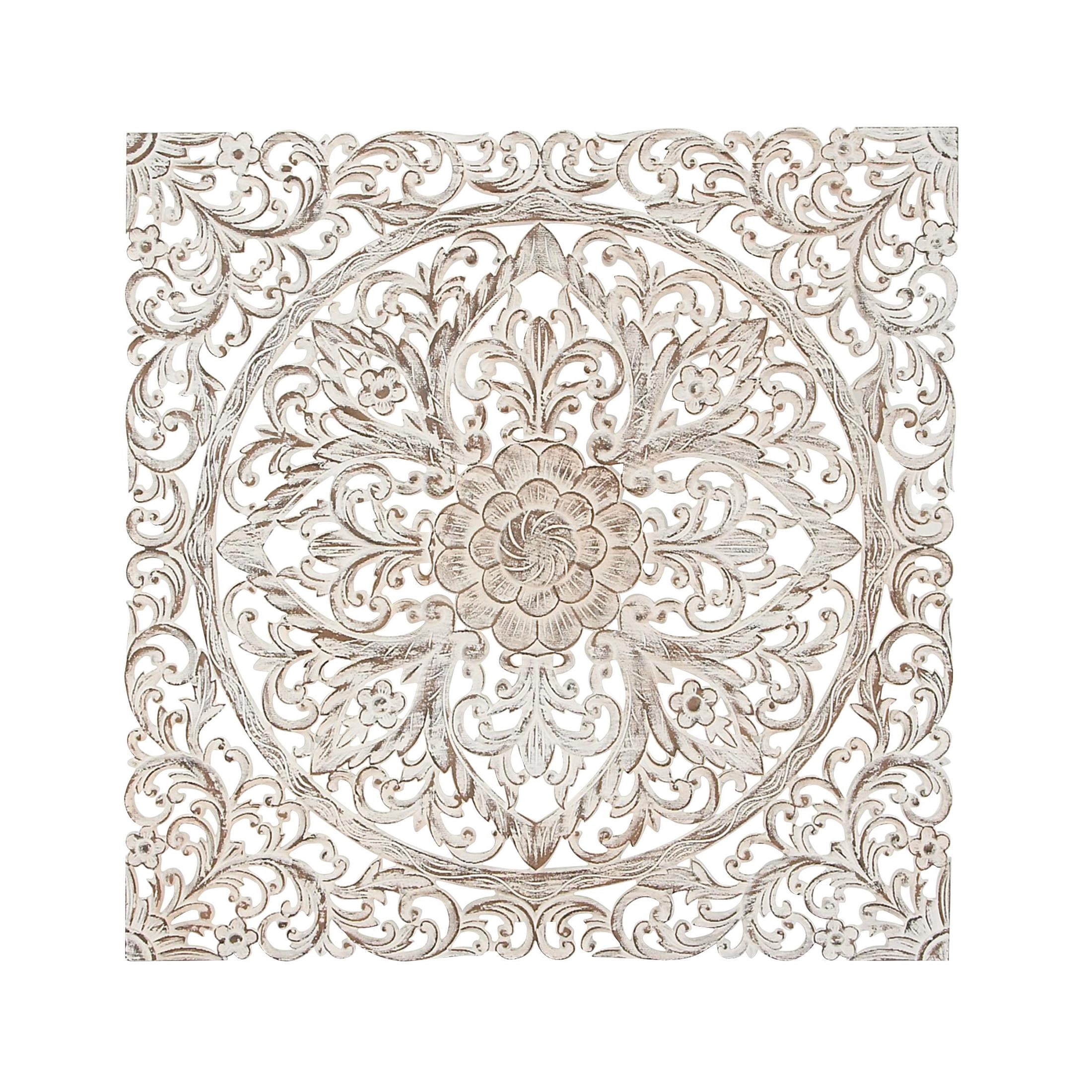 DecMode Traditional White Wood Carved Filligree Medallion Pattern Wall Décor , 36"W x 36"H