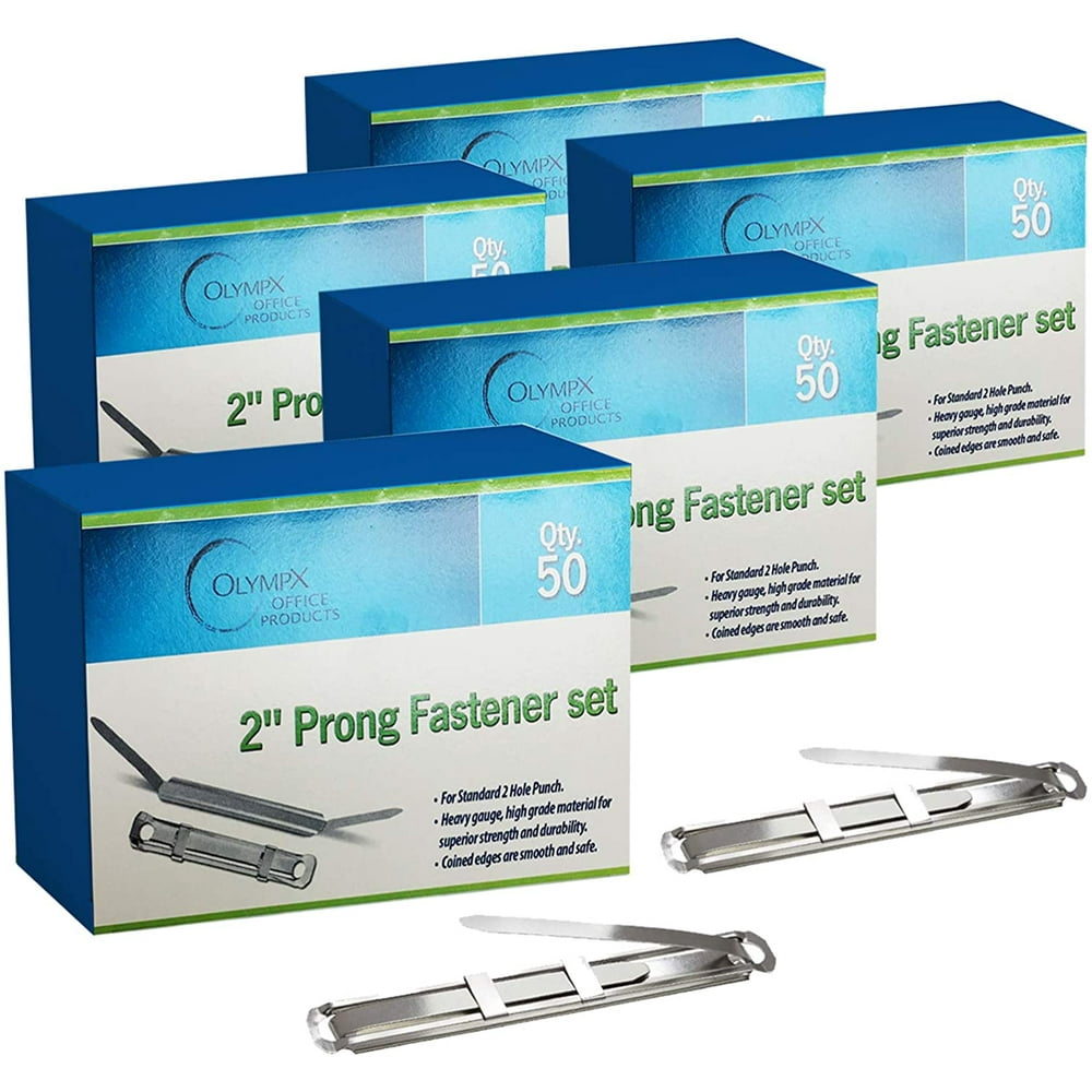 2 Inch Capacity Prong Paper Fastener Set, 2.75 Inch Base, Pack of 5