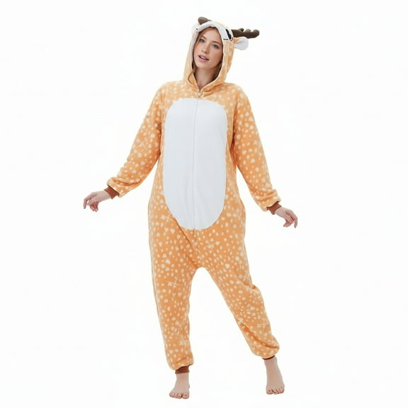 Tnhcen Women's Deer Hooded Onesie Pajamas, Flannel Animal Kigurumi Sleepsuit, Christmas Reindeer Costume Pajamas, Warm Fleece Loungewear for Women, Sizes S-XL