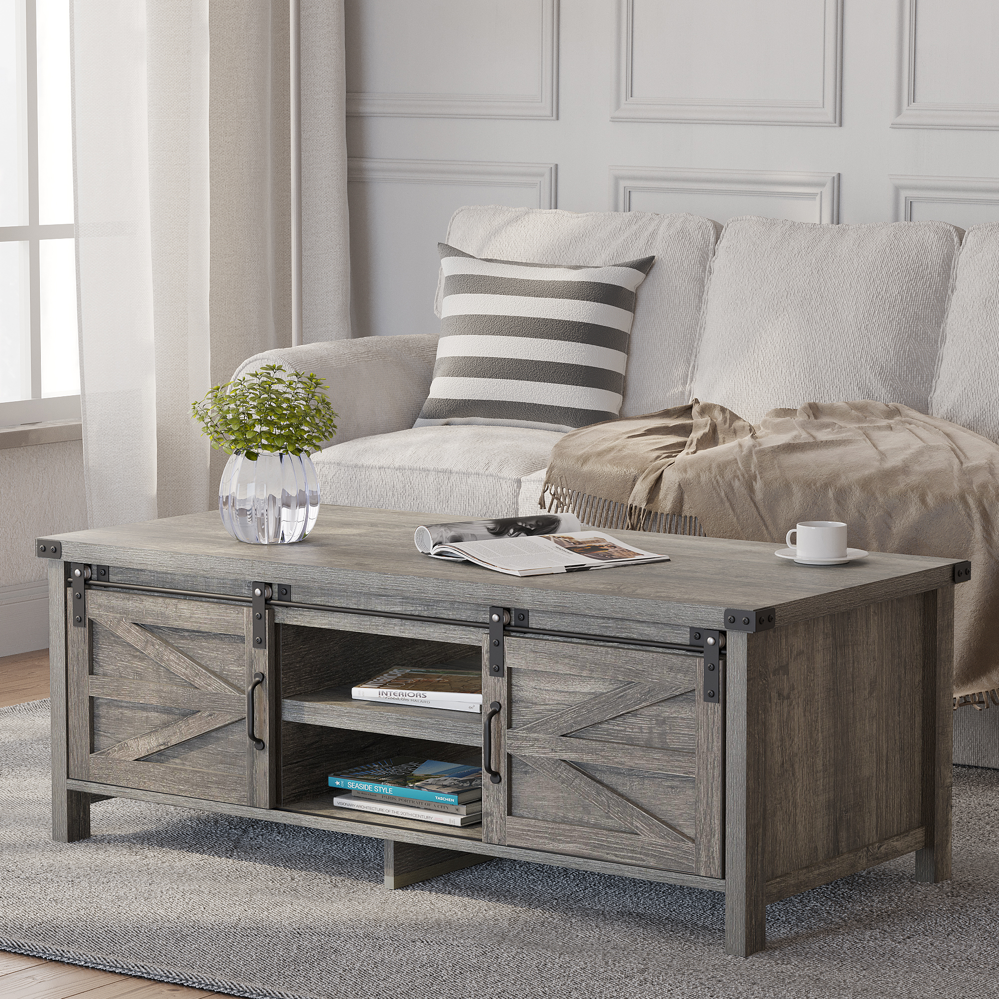 Yaoping 48" Modern Farmhouse Coffee Table with Adjustable Storage Cabinets Shelves, Modern Coffee Table for Living Room with Sliding Barn Door