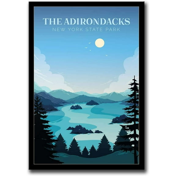 Framed Adirondacks Travel Poster Adirondack Mountains New York State Park Lake House Art Travel Posters National Wall Art Painting 12x18inch-Blac