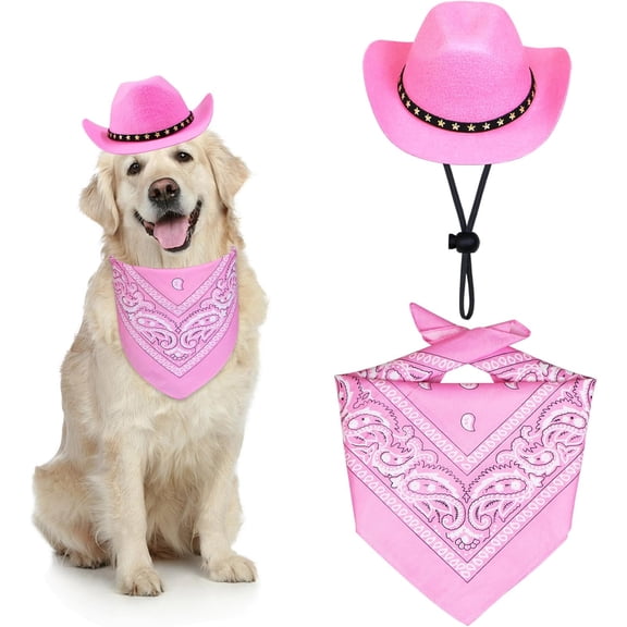 Dog Cowboy Costume, Dog Halloween Costumes Halloween Pet Dogs Cowboy Hat with Bandana Scarf for Small Medium Large Dogs Pets (Pink, Large)