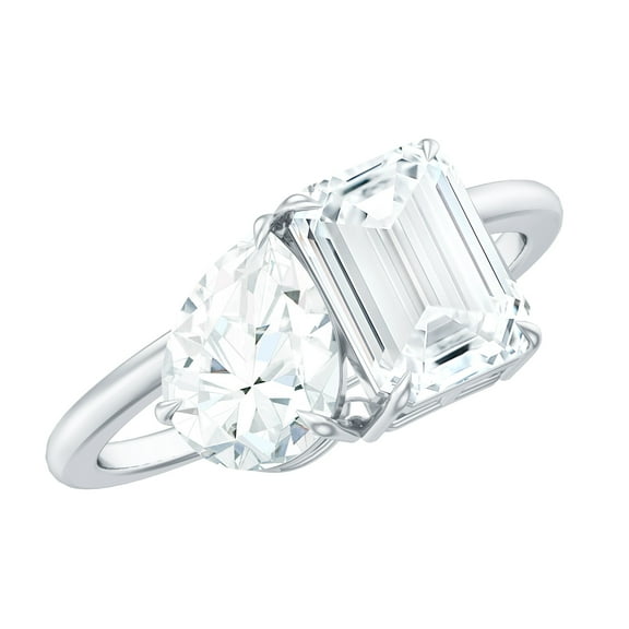 Rosec Jewels Pear and Emerald Cut Moissanite Toi Et Moi Engagement Ring for Women - 2 Stone Ring - D-VS1 Quality, 925 Sterling Silver, US 4.00