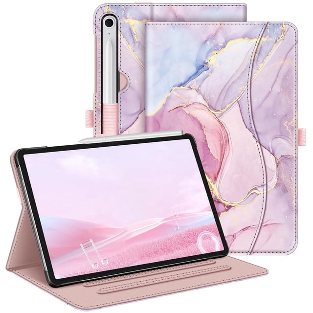 funda fintie para samsung galaxy tab s10 fe/s9 fe 5g 10.9 folio con diseño marmoleado rosa y lila con vetas doradas; vista frontal y trasera que muestra soporte triangular con tres ranuras antideslizantes, banda elástica para S Pen, bolsillo frontal para tarjetas y forro interior de microfibra.